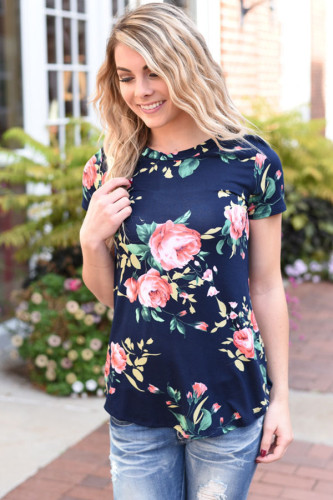 Mazarine Short Sleeve Round Neck Floral Printed T-shirt
