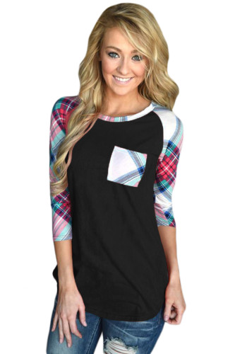Vibrant Plaid Raglan Sleeve Black Top