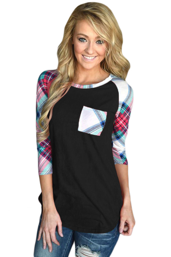Vibrant Plaid Raglan Sleeve Black Top