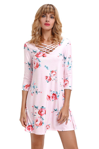 Pink Fence Neck Floral Print T Shirt Dress