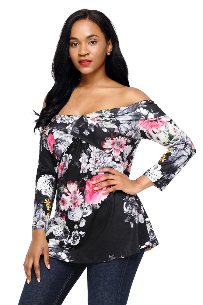 Dark Floral Off Shoulder Crisscross Top