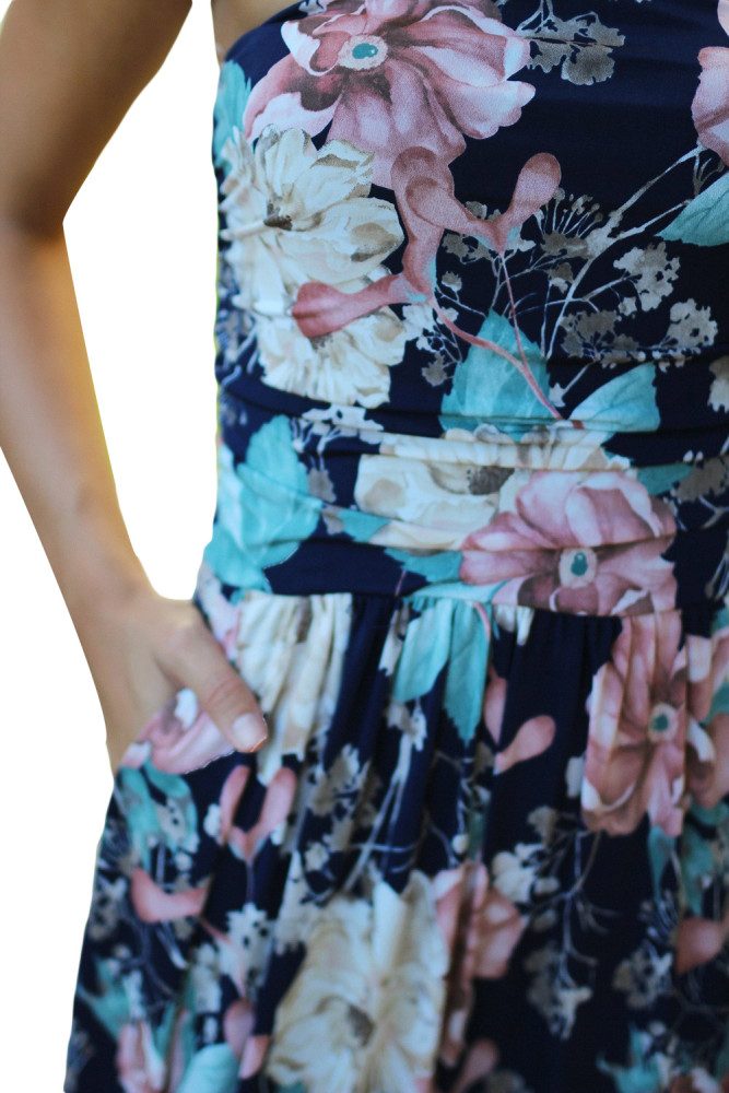 Peach Navy Floral Strapless Maxi Dress with Pockets