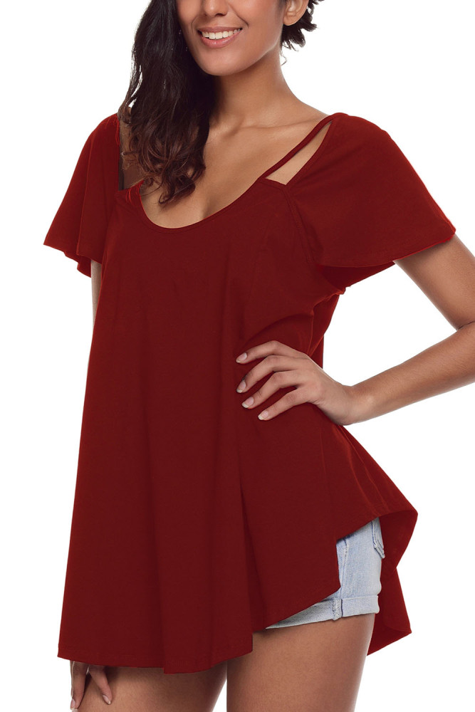 Burgundy Cutout Cold Shoulder Flowy Top