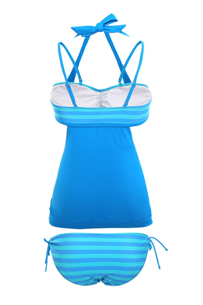 Cyan Blue Stripes Blue Splice Tankini Swimsuit