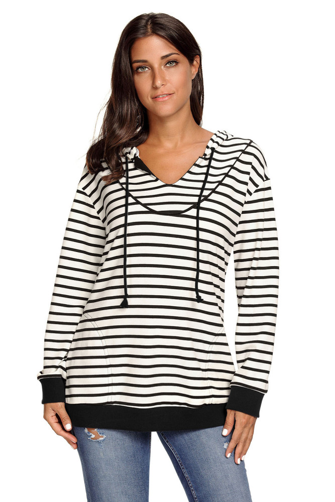 White Black Stripes Women Casual Hoodie