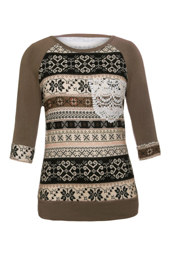 Copy Taupe Raglan Sleeve Lace Pocket Detail Printed Top