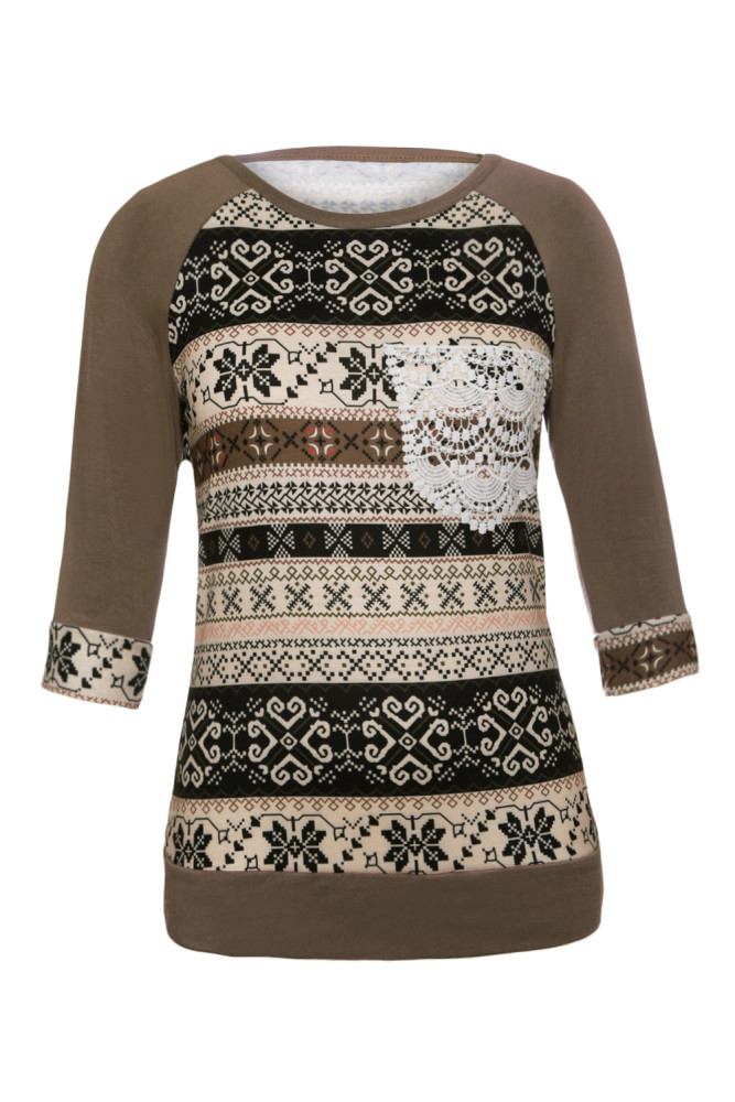 Copy Taupe Raglan Sleeve Lace Pocket Detail Printed Top