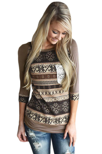 Copy Taupe Raglan Sleeve Lace Pocket Detail Printed Top