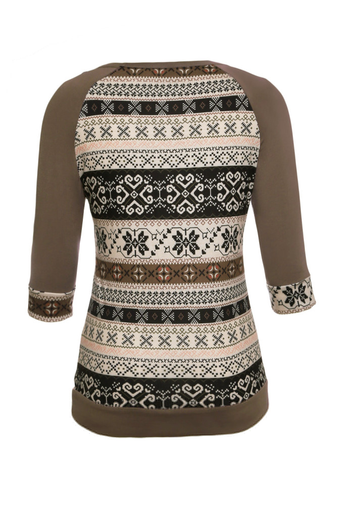 Copy Taupe Raglan Sleeve Lace Pocket Detail Printed Top