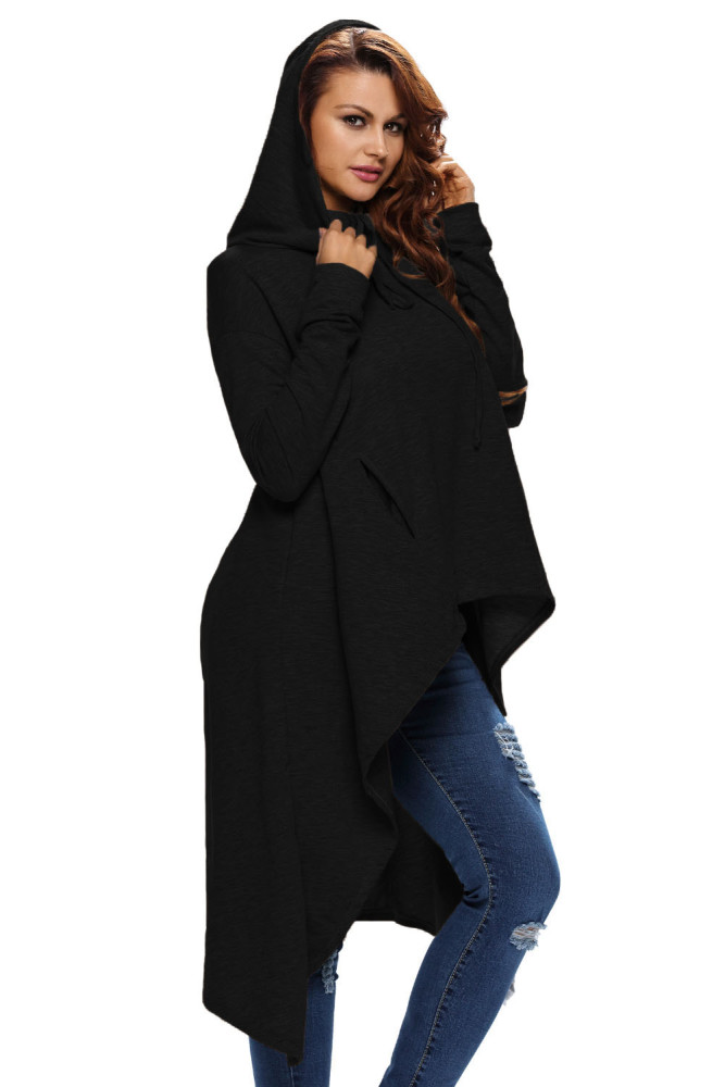 New Black Plain Drawstring Irregular Oversize Hoodie