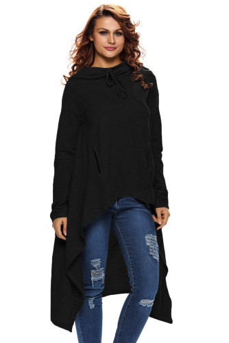 New Black Plain Drawstring Irregular Oversize Hoodie