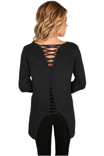 New Black Never Look Back Lace Up Sweater
