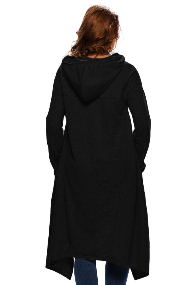 New Black Plain Drawstring Irregular Oversize Hoodie
