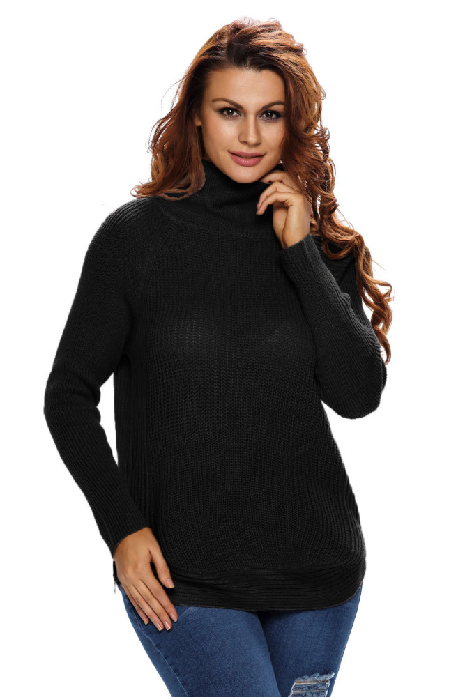 New Black High Neck Pullover Side Zipped Sweater Top