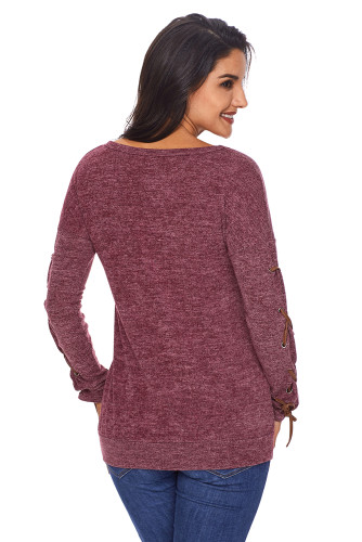 Wine Lace up Sleeve Front Pocket Womens Casual Sweatshirt