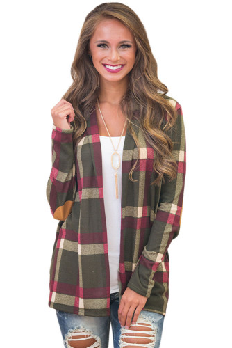 Olive Suede Elbow Patch Long Sleeve Plaid Cardigan