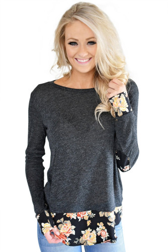 Dark Floral Patchwork Charcoal Long Sleeve Shirt