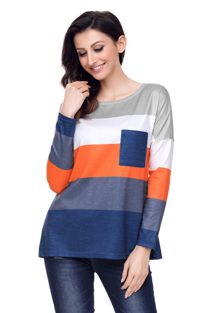 Orange Navy Colorblock Pocket Pullover Tunic Top