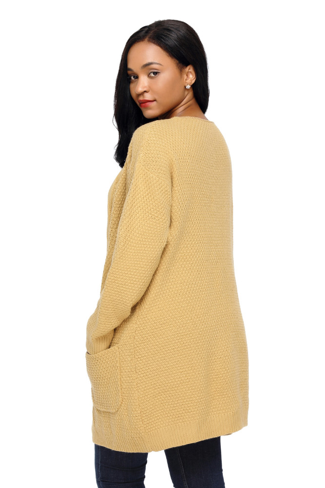 Khaki Long Open Front Pocket Cardigan