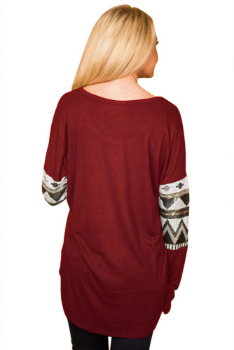 Burgundy Loose Sequin Christmas Reindeer Top