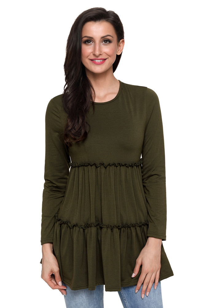 Army Green Long Sleeve Layered Babydoll Tunic