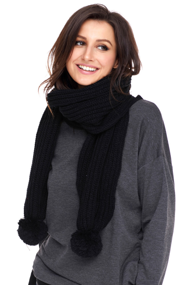 Black Pom Pom Ribbed Knit Scarf