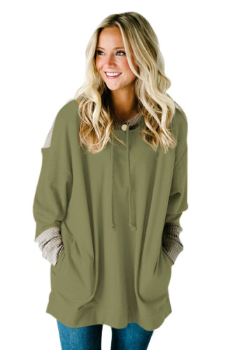 Waffle Knit Splice Army Green Pocket Hoodie