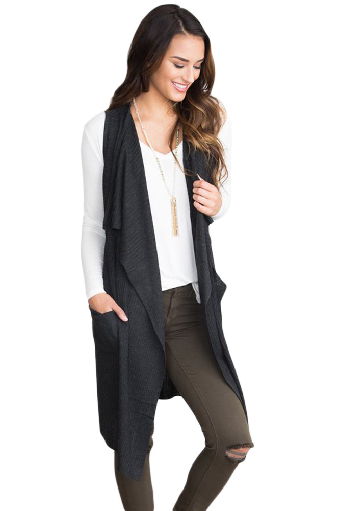 Black Pocket Long Cardigan Vest