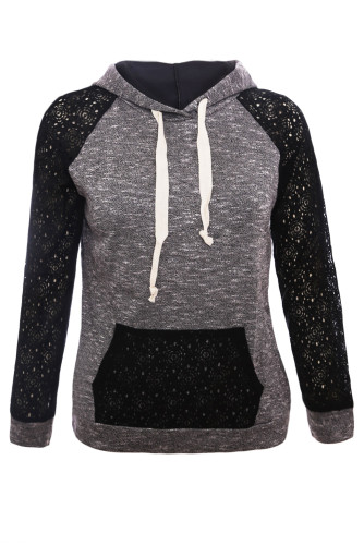 Black Lace Accent Kangaroo Pocket Hoodie