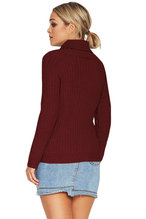 Purplish Red Long Sleeve Turtleneck Braided Sweater