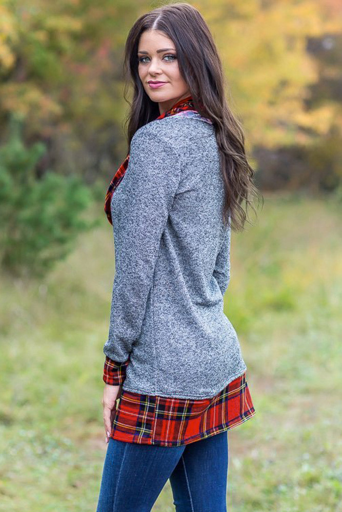 Gray Autumn Wind Plaid Cowl Neck Tunic