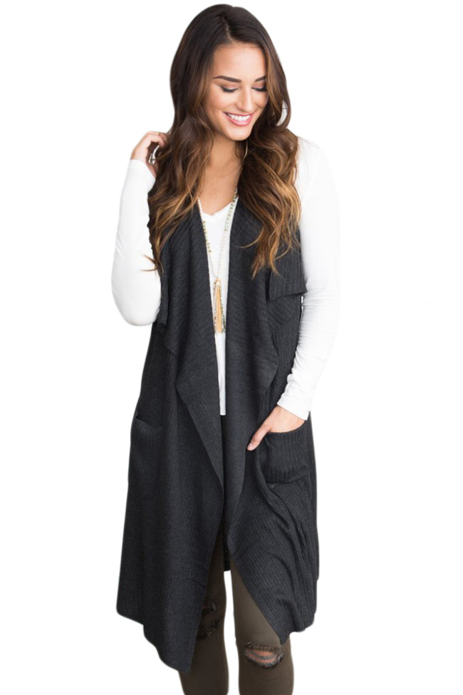 Black Pocket Long Cardigan Vest