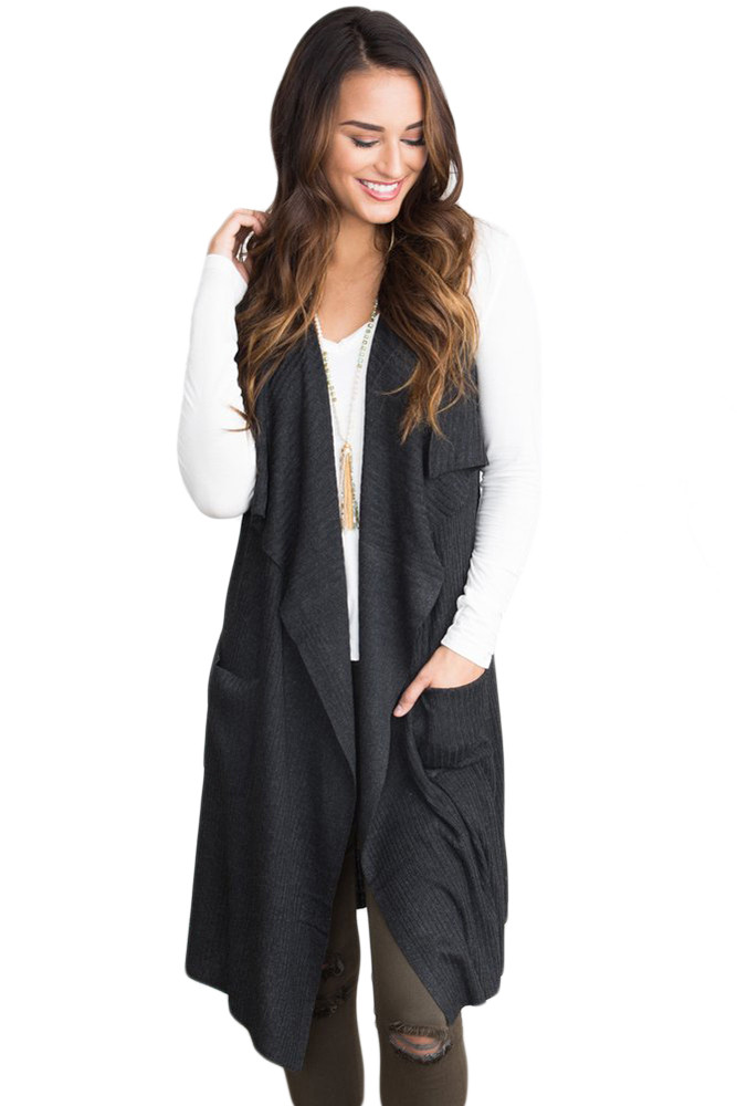 Black Pocket Long Cardigan Vest