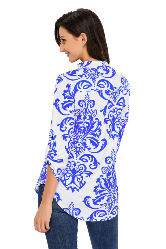 Royal Blue Damask Print Slight Collar V Neck Blouse
