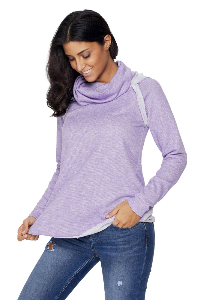 Violet Raw Edge Cowl Neck Pullover Sweatshirt
