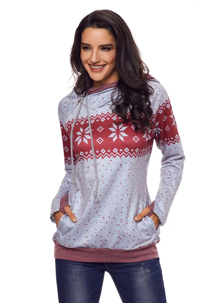 Gray Double Hood Snowfall Print Sweatshirt