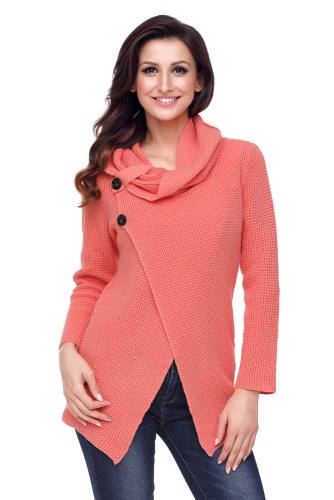 Coral Buttoned Wrap Cowl Neck Sweater
