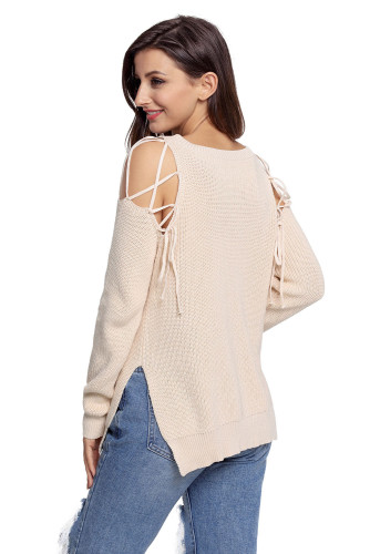Apricot Lace up Shoulder Sweater
