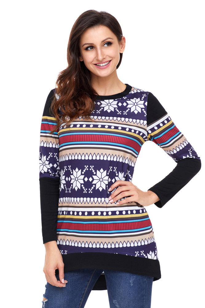Multi Stripes Snowflake Print Long Sleeve Christmas Top
