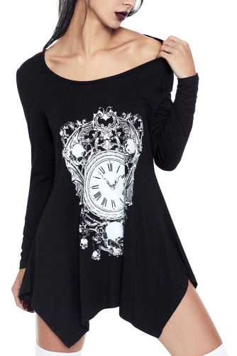 Black Handkerchief Hem Skull Timer Tunic Top