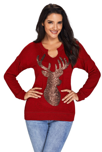 Wine Womens Sequin Christmas Reindeer Top