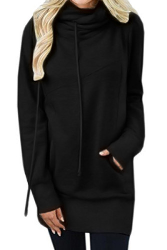 Black Funnel Neck Long Sleeve Pocket Hoodie