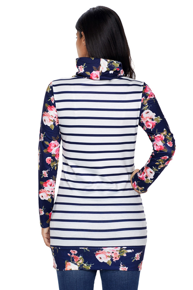 Dark Blue Striped and Floral Sweatshirt