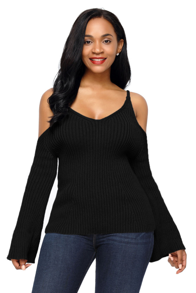 Black Cold Shoulder Bell Sleeve Sweater