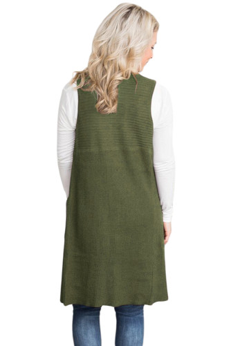 Army Green Pocket Long Cardigan Vest