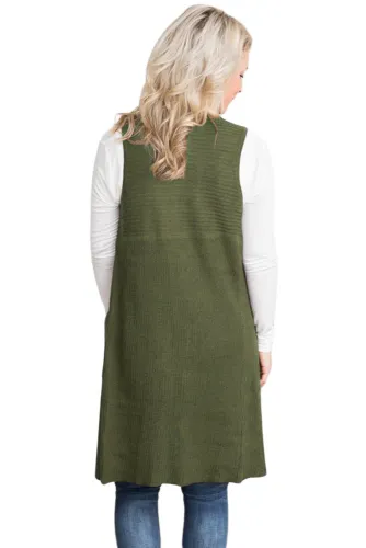 Army Green Pocket Long Cardigan Vest