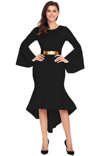 Black Bell Sleeve Dip Hem Belted Dress