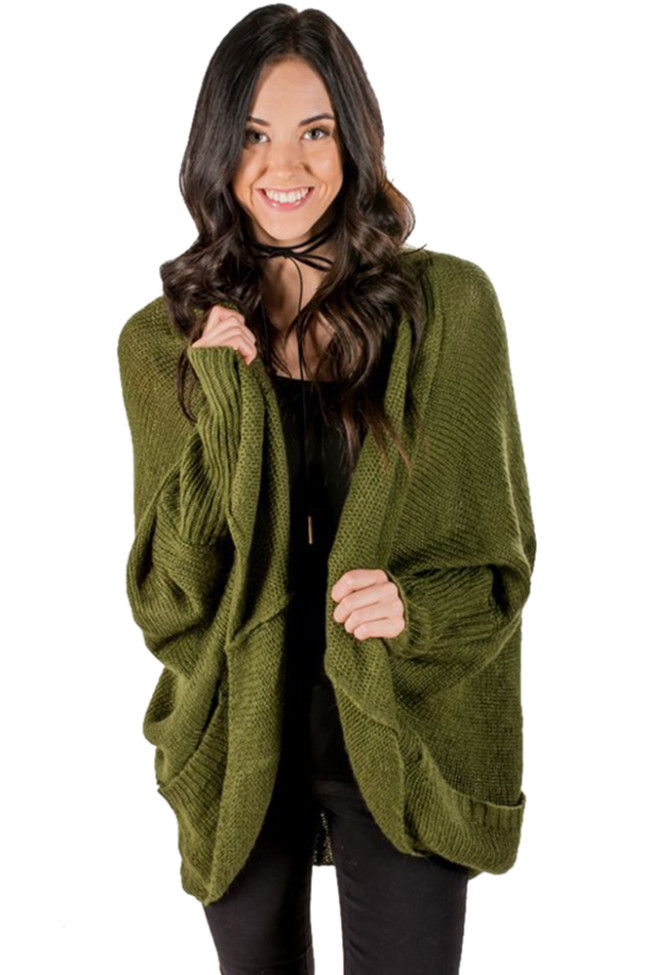 Army Green Dolman Sleeve Knit Cardigan with Pocket