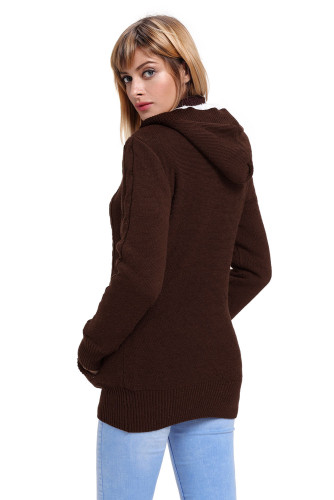 Brown Long Sleeve Button-up Hooded Cardigans
