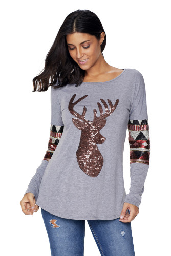 Gray Loose Sequin Christmas Reindeer Top
